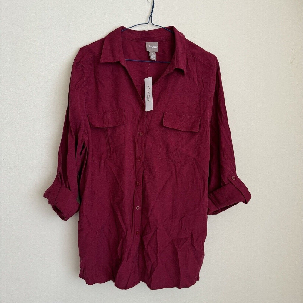 Chico’s Size 3 Red Button Down Blouse Soft Comfy Roll Tab Sleeves NWT